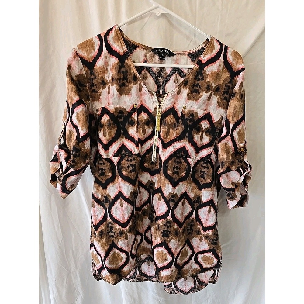 Ellen Tracy Size L 100% Linen Blouse Brown Black 3/4 Roll‎ Tab Sleeve Woman's